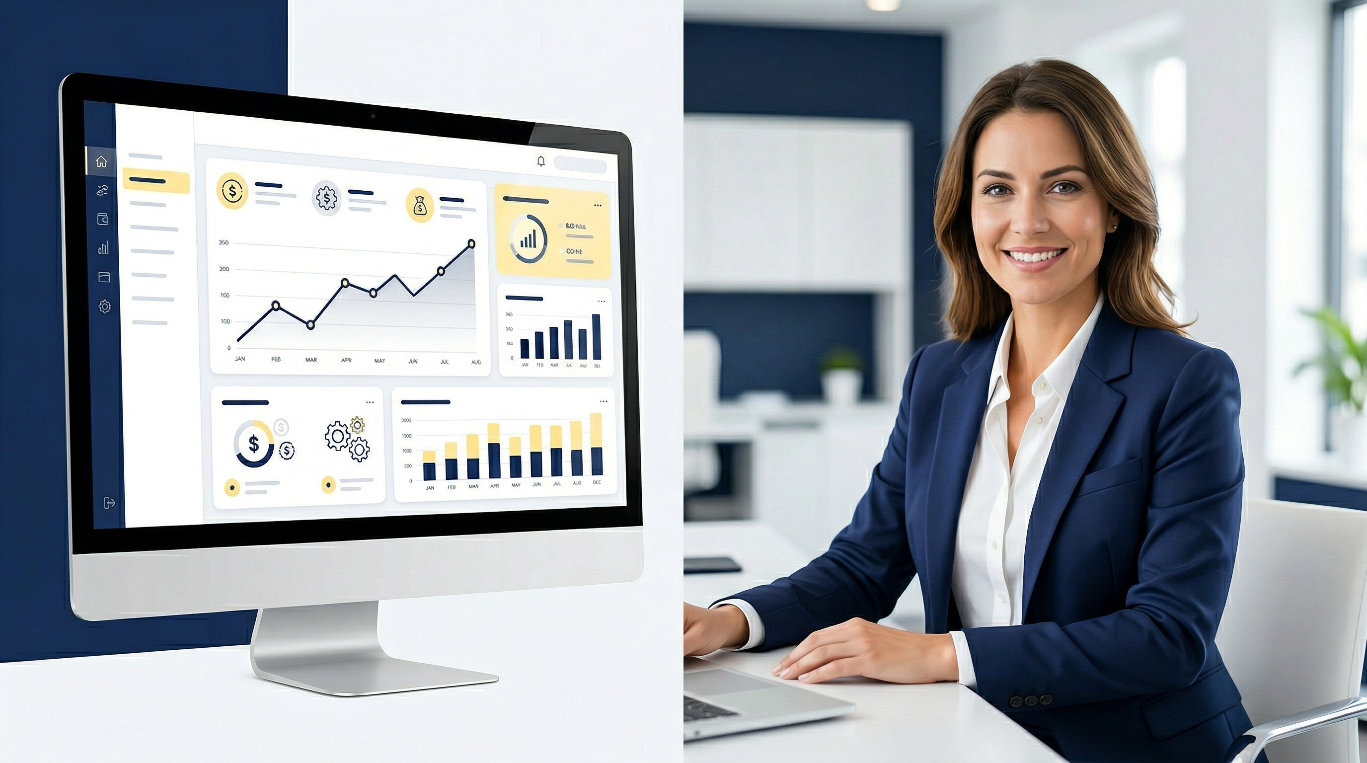 Sage accounting dashboard showing charts and financial overview on desktop monitor