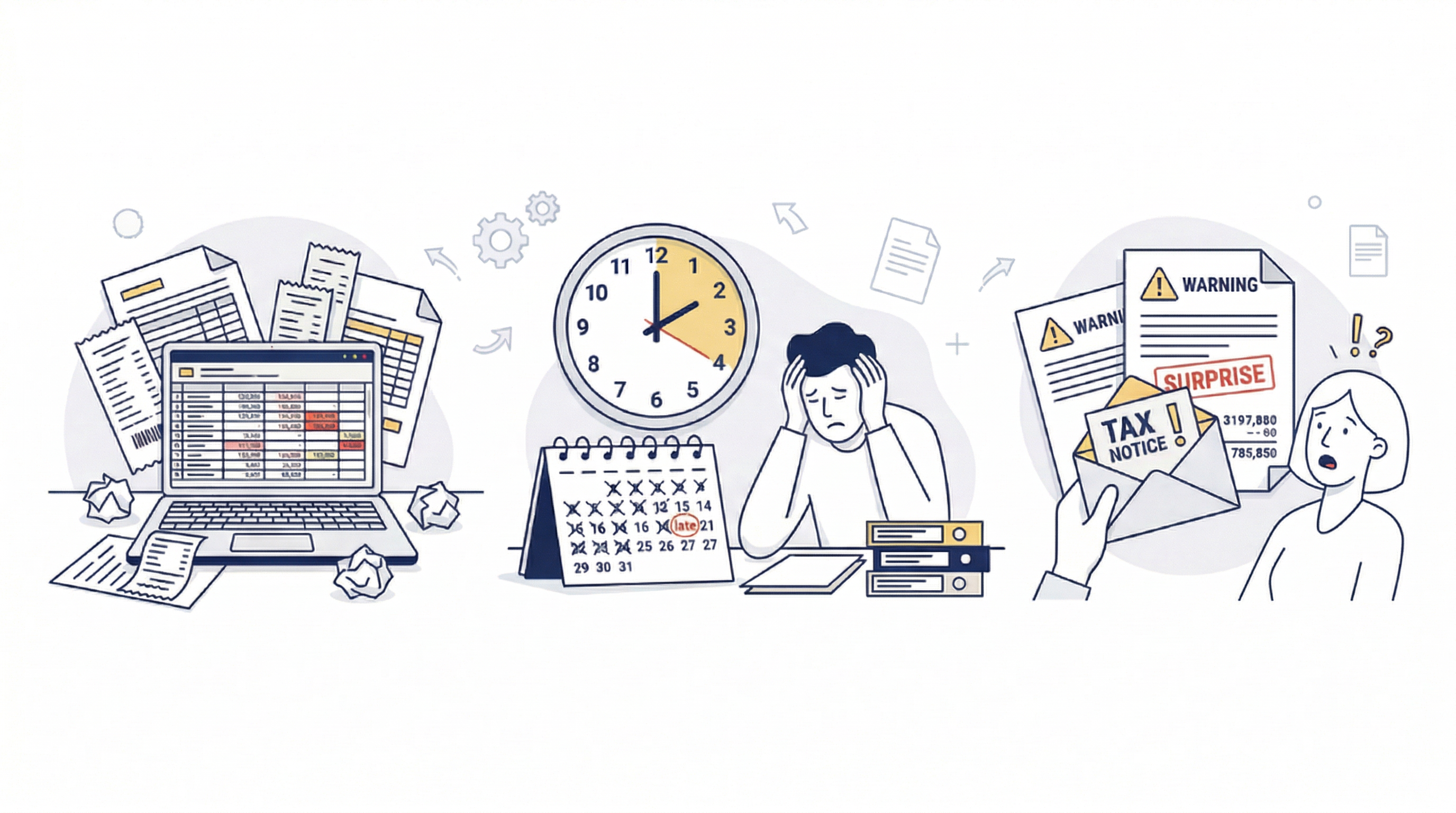 Illustration showing spreadsheet chaos, missed deadlines, and tax surprises